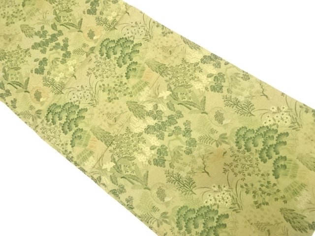 アンティーク　草花に家屋・孔雀模様織り出し丸帯（材料）